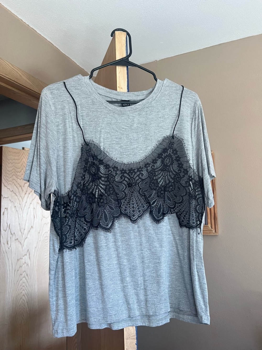 SHEIN Gray Tee with Black Lace Overlay